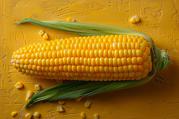 A radiant yellow corn cob, its plump kernels showcased against a vivid, plain bright canvas, promising sweet juiciness and summertime delight.