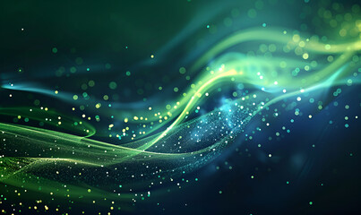 Abstract green energy particles and waves magical bright glowing futuristic hitech with blur effect