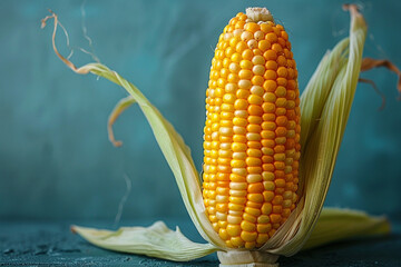 A radiant yellow corn cob, its plump kernels showcased against a vivid, plain bright canvas, promising sweet juiciness and summertime delight.