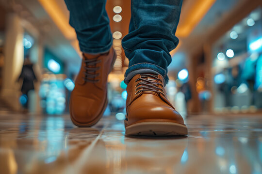 A close-up shot of a young adult's feet as they walk past a fashion store, focusing on the stylish shoes and the way they interact with the ground surface, using a wide aperture to blur the background