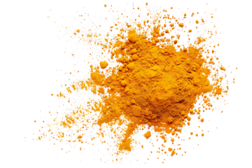 Turmeric scattered powder pile isolated on white, top view