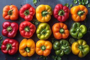 A collection of colorful bell peppers, including red, yellow, and orange varieties, displayed against a bright, plain backdrop, celebrating their vibrant flavors and culinary versa