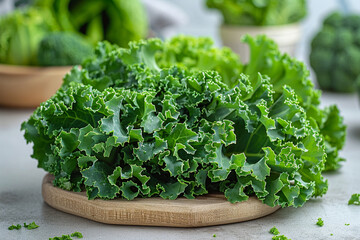 A bundle of fresh green kale leaves, their curly edges glowing against a clean, bright background, promising nutrient-rich goodness and earthy flavor.