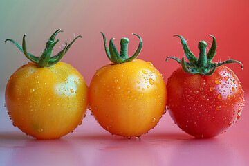 A trio of colorful cherry tomatoes, their juicy orbs showcased against the bright background, offering sweet burst of flavor and vibrant color.