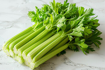 A bundle of crisp green celery stalks, their slender forms arranged elegantly against a vivid, plain bright canvas, inviting with their crunchy texture and fresh taste.