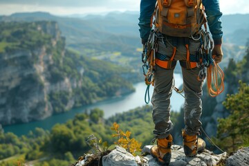 Hiker with backpack enjoys breathtaking view from mountain top