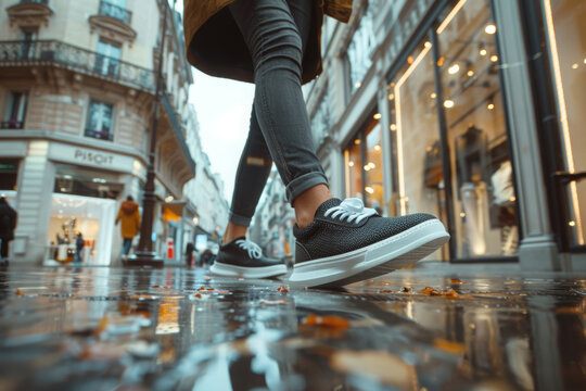 Capture a close-up shot of people's feet as they walk past fashion stores, focusing on their shoes and the way they interact with the ground surface, using a fast shutter speed to freeze motion.