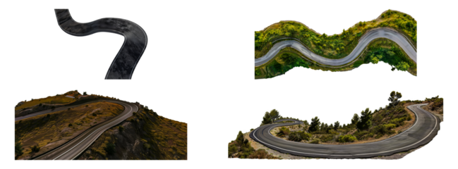 Winding mountain roads with diverse terrains cut out png on transparent background