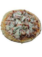 A fresh pizza with crispy crust, topped with rich tomato sauce, melted mozzarella cheese,...