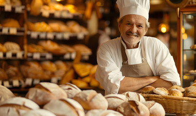 A man bakes fresh bread and sells it in front of a delicious shop in a bakery blurry background