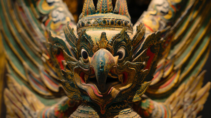 Garuda statue carved from wood that symbolizes the beliefs of people in Asia. On the most commonly seen places on the top of the temple