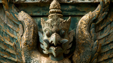 Garuda statue carved from wood that symbolizes the beliefs of people in Asia. On the most commonly seen places on the top of the temple