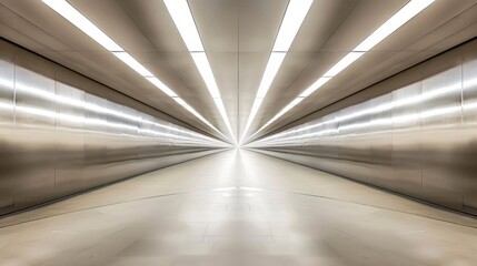 The image captures a symmetrical view of an empty tunnel with a vanishing point perspective The...