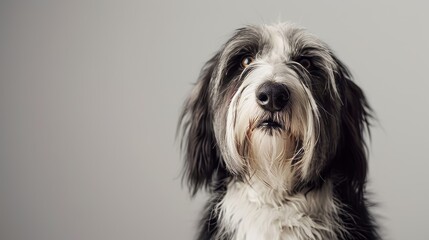 A Bearded Collie sits against a white background displaying its black and grey coat with a look of anticipation and wellmannered poise
 - obrazy, fototapety, plakaty