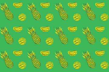 Illustration pattern Line art of pineapple fruit and pieces on green background.