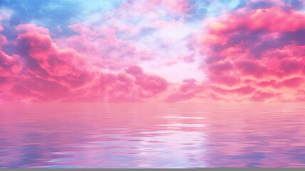 Serene pink and blue sky reflecting over tranquil waters, invoking peace and wonder in a dreamy landscape