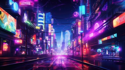 The picture of the neon night time futuristic cyberpunk scifi metropolis yet bright with neon light that fill everywhere of metropolis and fill with tall building and long roadway at night. AIGX01.