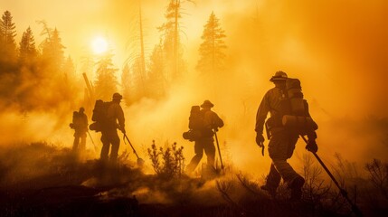 Fototapeta na wymiar Silhouetted against a hazy forest backdrop firefighters work tirelessly to control an intense wildfire 