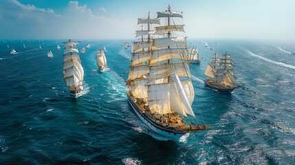 An old sailboat with white sails sailing among other ships on the sea under a clear blue sky in a magnificent seascape - obrazy, fototapety, plakaty