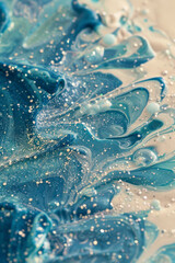 Cerulean marble ink drifting softly amidst a whimsical abstract setting, twinkling with scattered glitters.