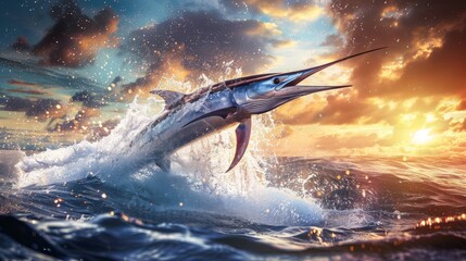 Fototapeta premium A sleek marlin leaping out of the water in a burst of energy, symbolizing the thrill of sport fishing in the open sea.