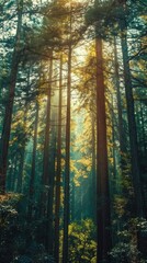 Obraz premium A majestic redwood forest bathed in morning light, panoramic vista emphasizing the towering trees