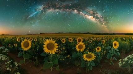 A panorama of a sunflower field under a starry night sky, with the Milky Way shimmering above the field of blooms