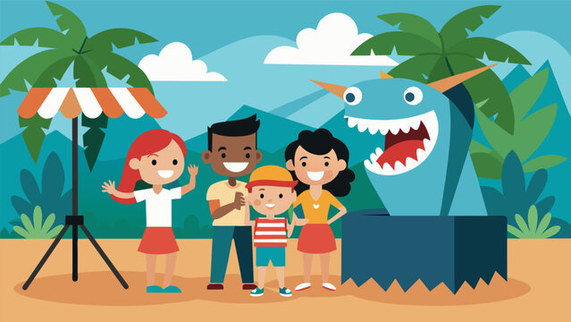 A photo booth with a backdrop of a tropical island allows children to pose with props like shark teeth and grass skirts for memorable pictures.