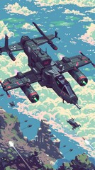 Fototapeta premium A pixel art rendition of a small tactical drone navigating a pixelated, retro-inspired battlefield