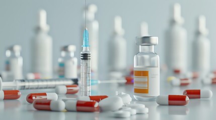 High-detail image of various medical pills and vaccine syringes arranged on a clean surface, symbolizing advanced healthcare