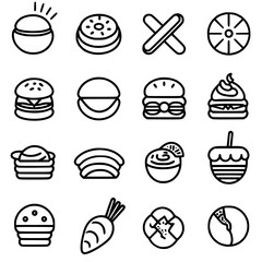 Food icon, menu icon, restaurant icon, dinner icon, kitchen icon, silhouette icon, banquet icon, bar icon, catering icon, fish icon, hamburger icon, food, cake, icon, vector, coffee, set, illustration