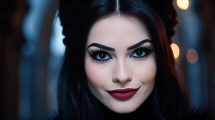 a woman with dark hair and red lipstick