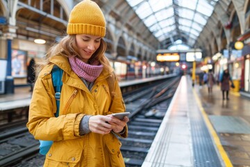 Young woman standing on train station platform using mobile phone while waiting for arrival of train