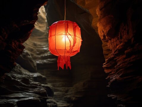 a red lantern from a rope in a cave