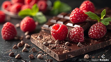 Luscious raspberries nestle against each other, their ruby-red hues contrasting against a backdrop of dark chocolate. A tantalizing blend of tartness and sweetness awaits in every bite. - obrazy, fototapety, plakaty