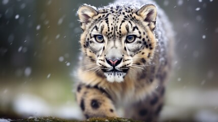 a leopard with snow on it - obrazy, fototapety, plakaty