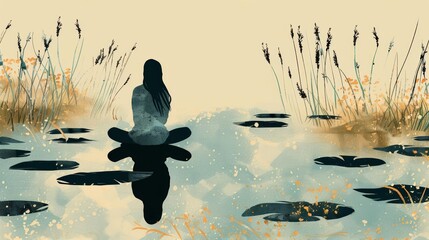 A serene figure sits by a tranquil lake, legs crossed in meditation, surrounded by whispering reeds, embodying a peaceful meditation cartoon concept