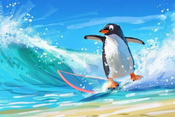 Obraz premium A surfing penguin catches waves on a sunny beach, his surfboard a splash of bright colors against the blue sea, ideal for a fun surfing penguin cartoon concept