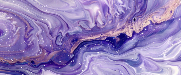 Celestial lavender marble ink cascades elegantly through an enchanting abstract scene, glistening with ethereal glitters.
