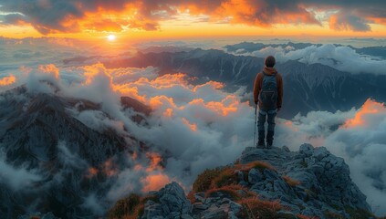Man on mountain gazes at sunset over natural landscape with cloudfilled sky - Powered by Adobe