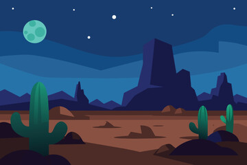 Fototapeta na wymiar Desert landscape with rocks and cactuses at night vector design