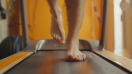 A man is running on a treadmill with his feet bare