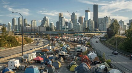 A sprawling makeshift encampment has taken root along the highway surrounded by the imposing...