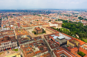 Turin, Italy. Palazzo Madama, Piazza Castello - City Square. Royal Palace in Turin. Panorama of the...