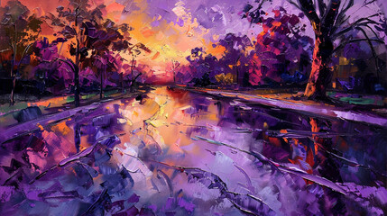 Palette knife oil painting showing a rainy evening in the park with orange and violet hues.