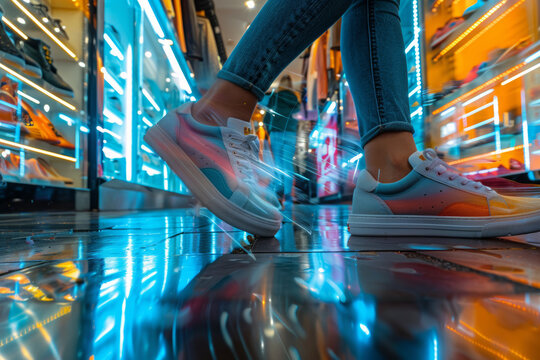 Capture a close-up shot of people's feet as they walk past fashion stores, focusing on their shoes and the way they interact with the ground surface, using a fast shutter speed to freeze motion.