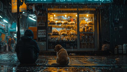 Endearing Bond: Elderly Couple and Their Sheltered Pup Embracing the Storm - obrazy, fototapety, plakaty