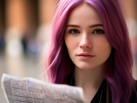 a woman with purple hair holding a newspaper