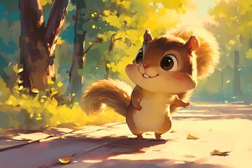 cute and happy cartoon squirrel on the street