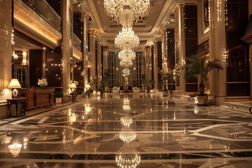 Explore the opulent splendor of a five-star hotel lobby, where crystal chandeliers hang like glistening jewels from the ceiling, casting a soft radiance upon the polished marble floors below - obrazy, fototapety, plakaty